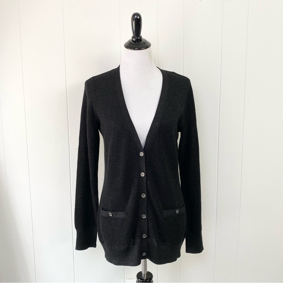 J. Mclaughlin Button Black Metallic Cardigan Sweater Women's Size Medium Long - Picture 1 of 15